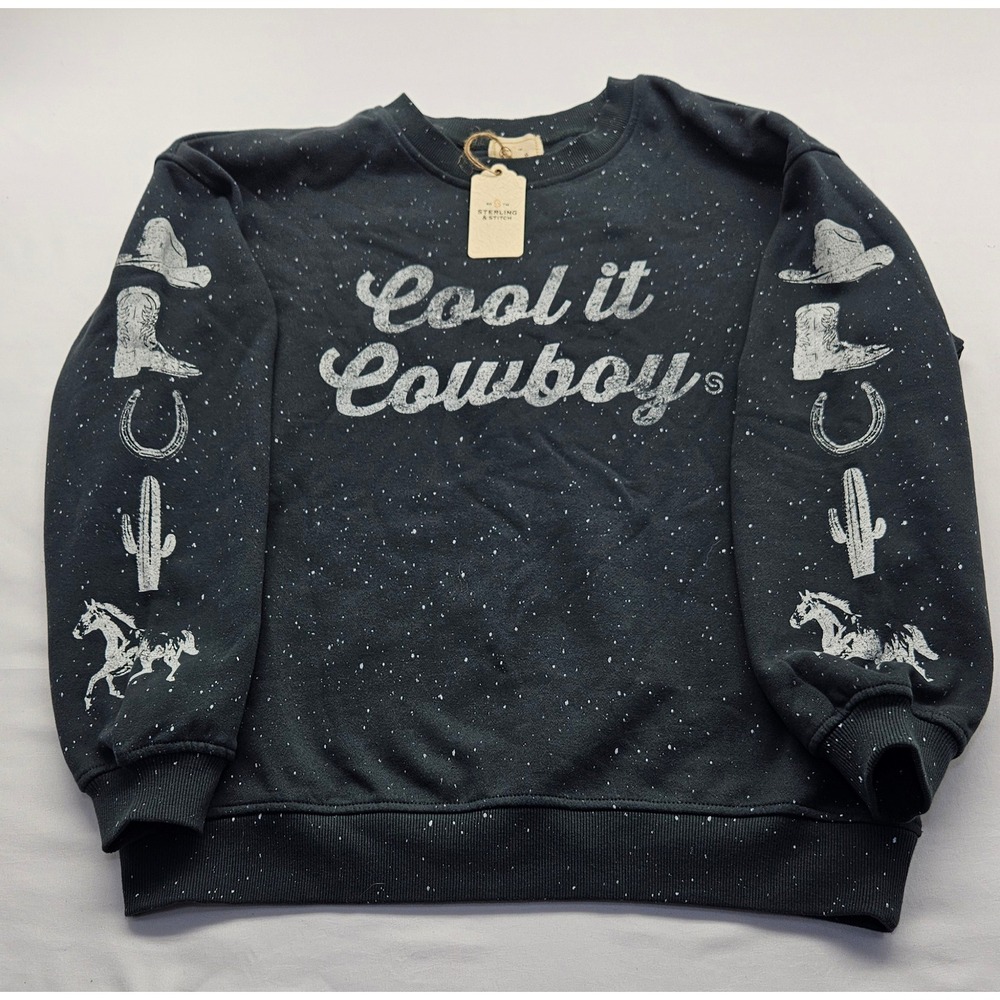 Sterling & Stitch Cool it Cowboy Sweatshirt Black Splatter Western Graphic Small